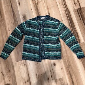Vintage Dress Barn Teal Fair Isle Stripe Knit Cardigan Sweater